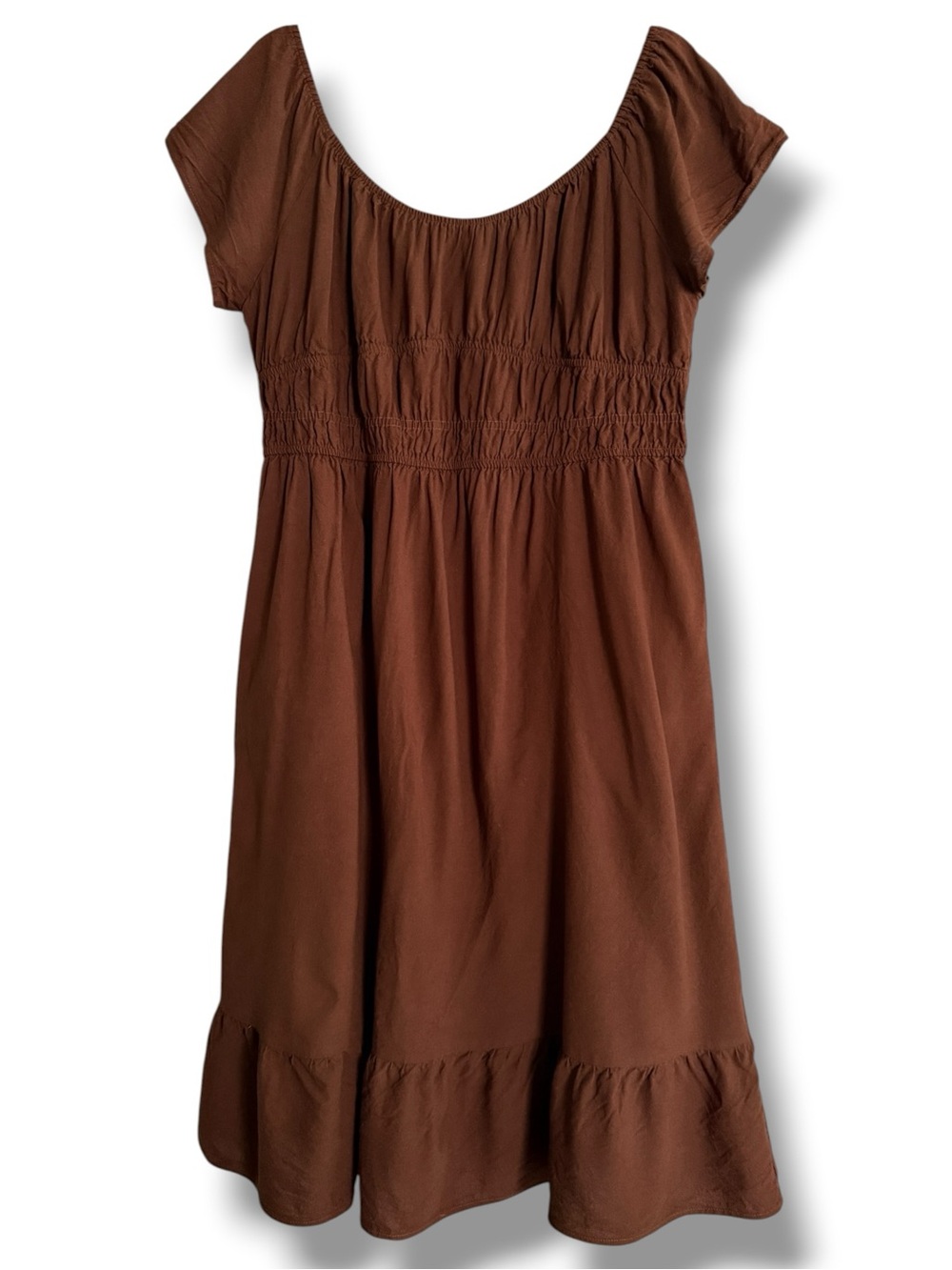Shiny By Nature Poem Linen Blend Peasant Dress Size Large Smocked Waist Brown - Picture 2 of 9